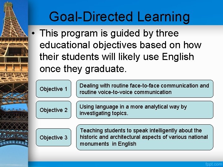 Goal-Directed Learning • This program is guided by three educational objectives based on how