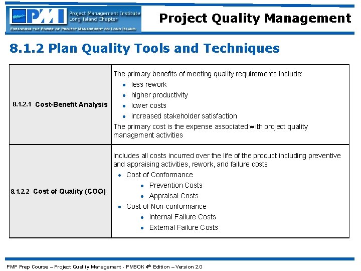 Project Quality Management 8. 1. 2 Plan Quality Tools and Techniques The primary benefits