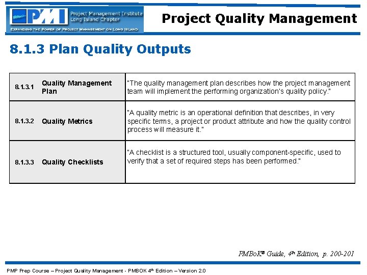 Project Quality Management 8. 1. 3 Plan Quality Outputs 8. 1. 3. 1 8.