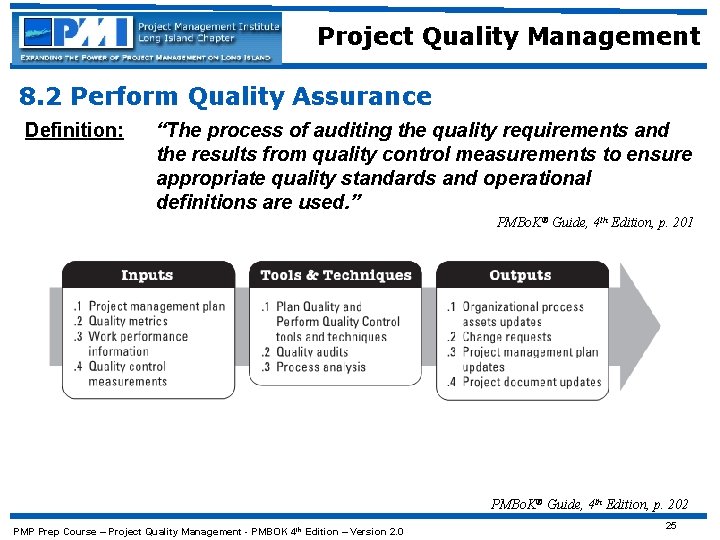 Project Quality Management 8. 2 Perform Quality Assurance Definition: “The process of auditing the