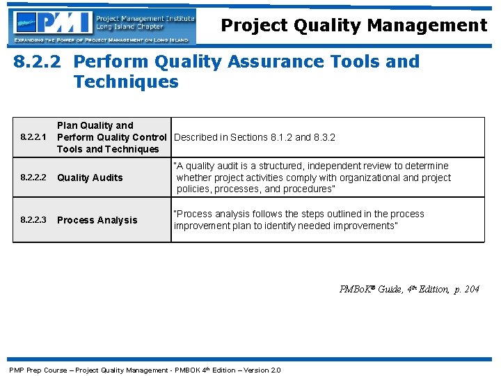 Project Quality Management 8. 2. 2 Perform Quality Assurance Tools and Techniques 8. 2.