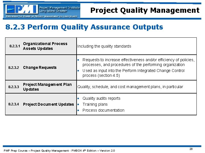 Project Quality Management 8. 2. 3 Perform Quality Assurance Outputs Organizational Process Assets Updates