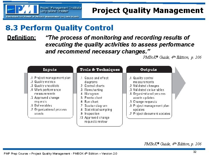 Project Quality Management 8. 3 Perform Quality Control Definition: “The process of monitoring and