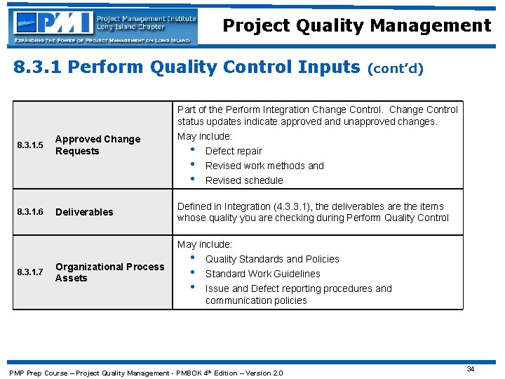 Project Quality Management 8. 3. 1 Perform Quality Control Inputs (cont’d) Part of the
