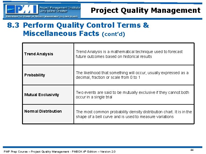 Project Quality Management 8. 3 Perform Quality Control Terms & Miscellaneous Facts (cont’d) Trend
