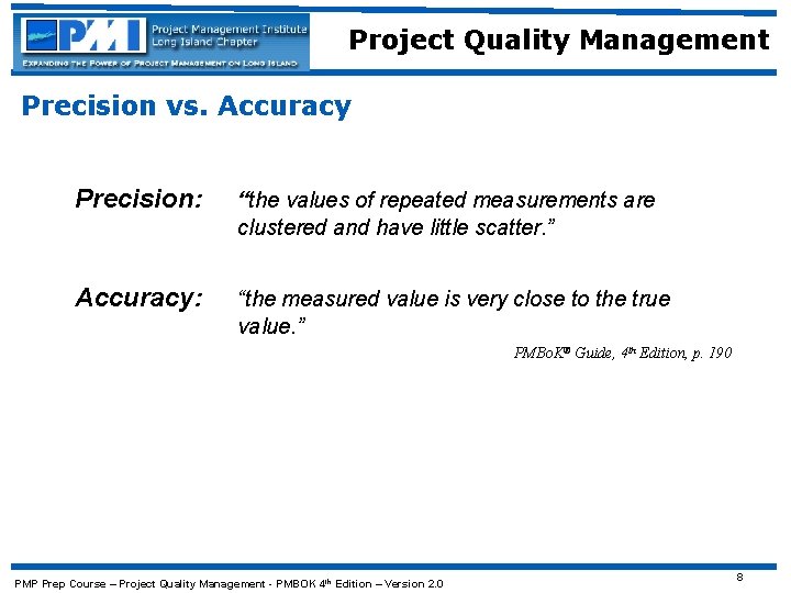Project Quality Management Precision vs. Accuracy Precision: “the values of repeated measurements are clustered