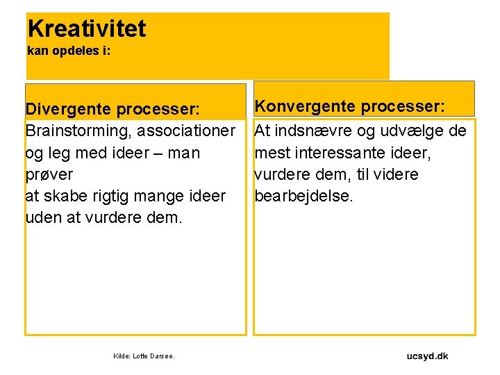 Kreativitet kan opdeles i: Divergente processer: Brainstorming, associationer og leg med ideer – man