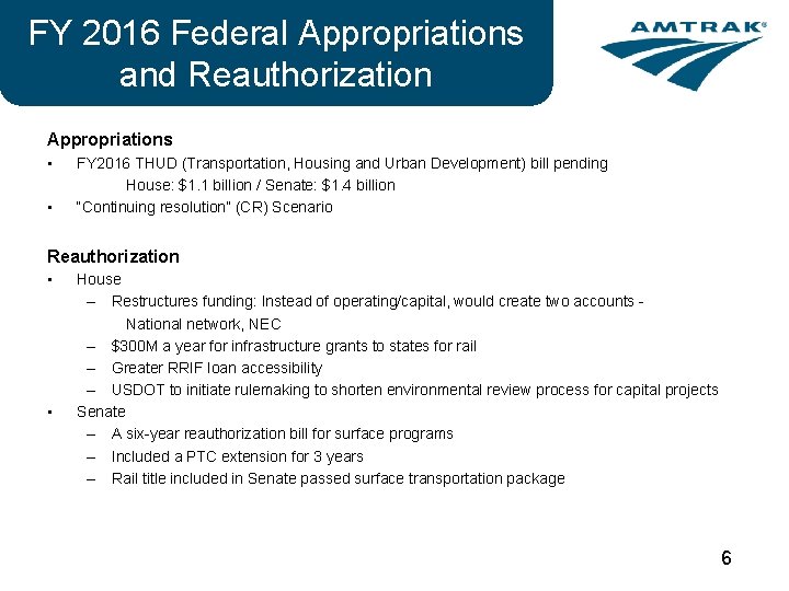 FY 2016 Federal Appropriations and Reauthorization Appropriations • • FY 2016 THUD (Transportation, Housing