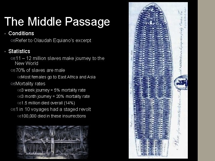 The Middle Passage • Conditions Refer to Olaudah Equiano’s excerpt • Statistics 11 –