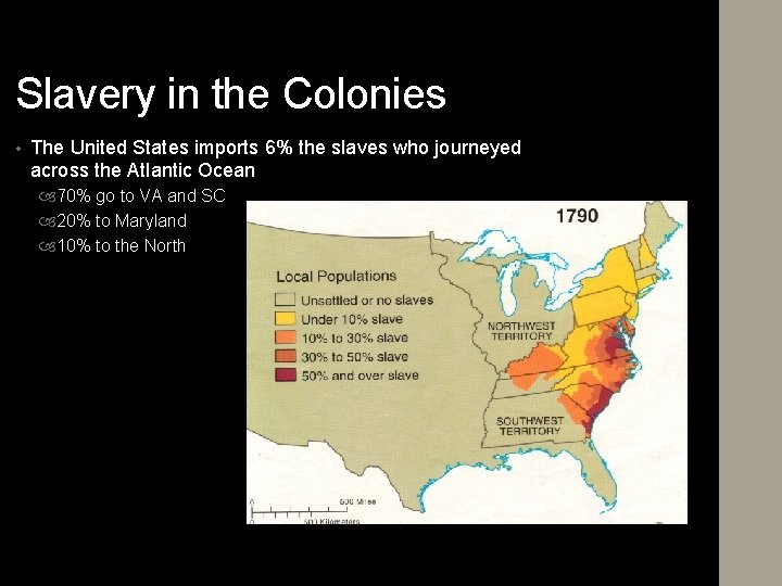 Slavery in the Colonies • The United States imports 6% the slaves who journeyed
