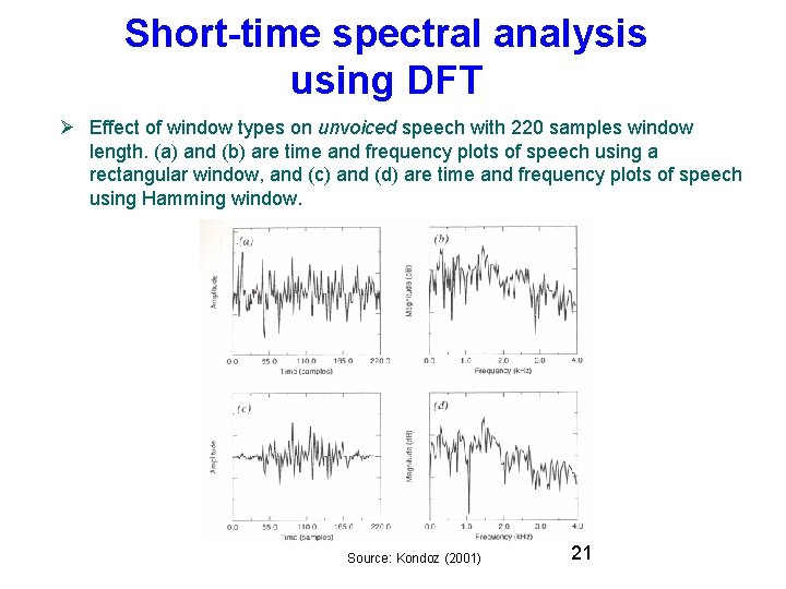Short-time spectral analysis using DFT Effect of window types on unvoiced speech with 220 Short-time spectral analysis using DFT Effect of window types on unvoiced speech with 220
