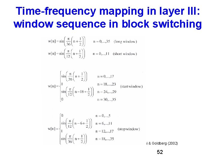Time-frequency mapping in layer III: window sequence in block switching Source: Bosi & Goldberg Time-frequency mapping in layer III: window sequence in block switching Source: Bosi & Goldberg