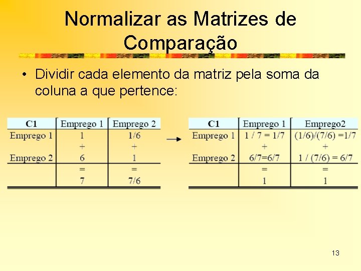 Normalizar as Matrizes de Comparação • Dividir cada elemento da matriz pela soma da