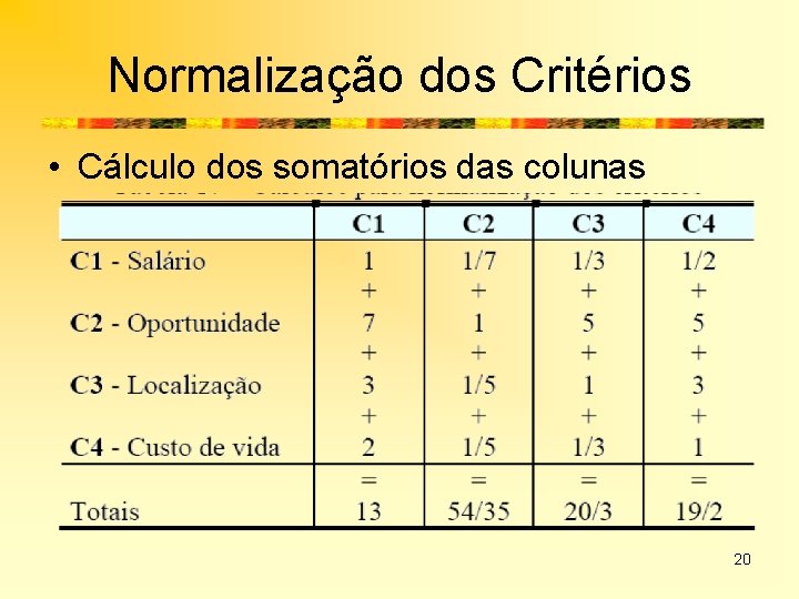 Normalização dos Critérios • Cálculo dos somatórios das colunas 20 