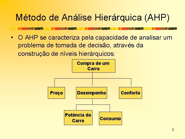 Método de Análise Hierárquica (AHP) • O AHP se caracteriza pela capacidade de analisar