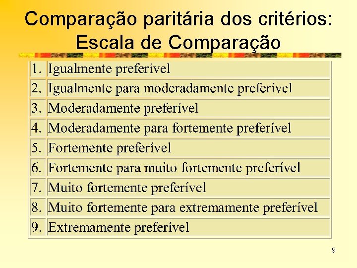 Comparação paritária dos critérios: Escala de Comparação 9 