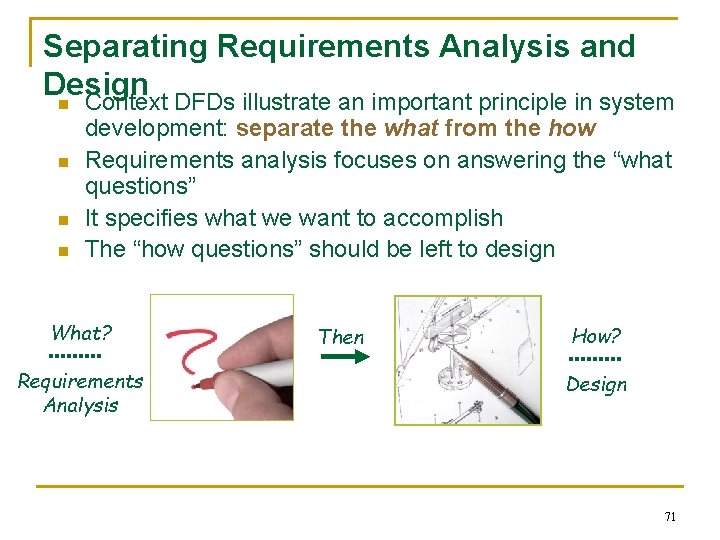 Separating Requirements Analysis and Design n Context DFDs illustrate an important principle in system