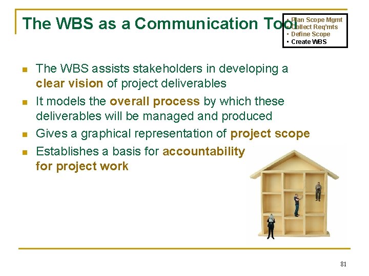 The WBS as a Communication Tool • • n n Plan Scope Mgmt Collect