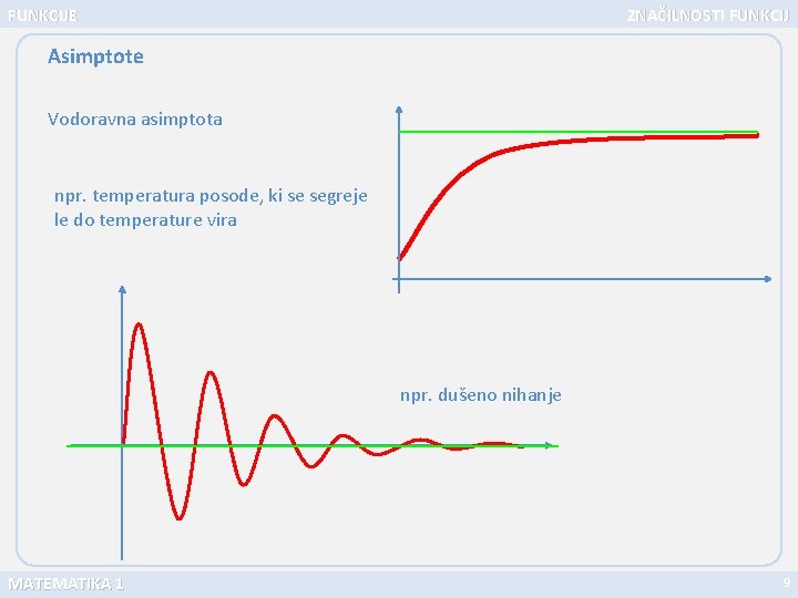 FUNKCIJE ZNAČILNOSTI FUNKCIJ Asimptote Vodoravna asimptota npr. temperatura posode, ki se segreje le do