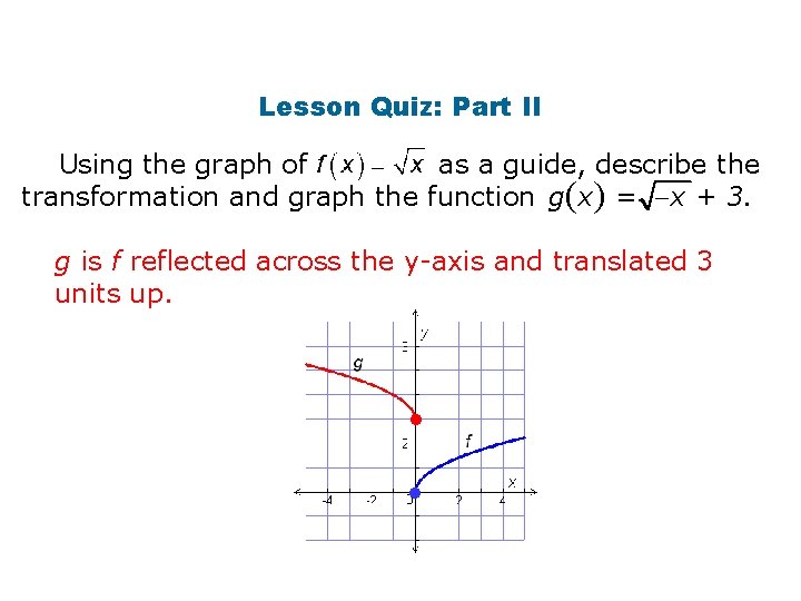 Lesson Quiz: Part II Using the graph of as a guide, describe the transformation