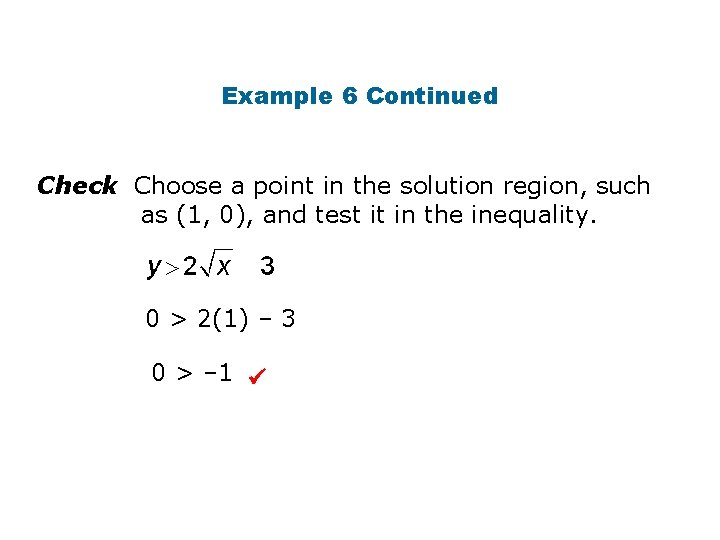 Example 6 Continued Check Choose a point in the solution region, such as (1,