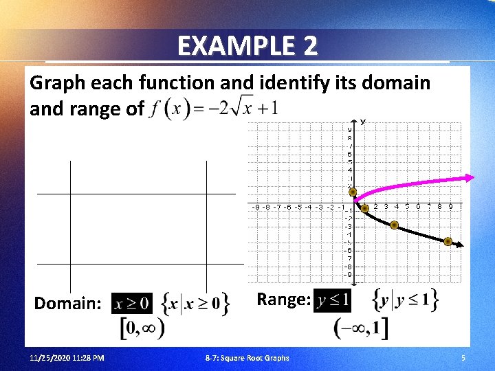 EXAMPLE 2 Graph each function and identify its domain and range of Domain: 11/25/2020