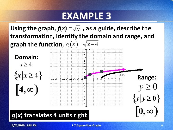 EXAMPLE 3 Using the graph, f(x) = , as a guide, describe the transformation,