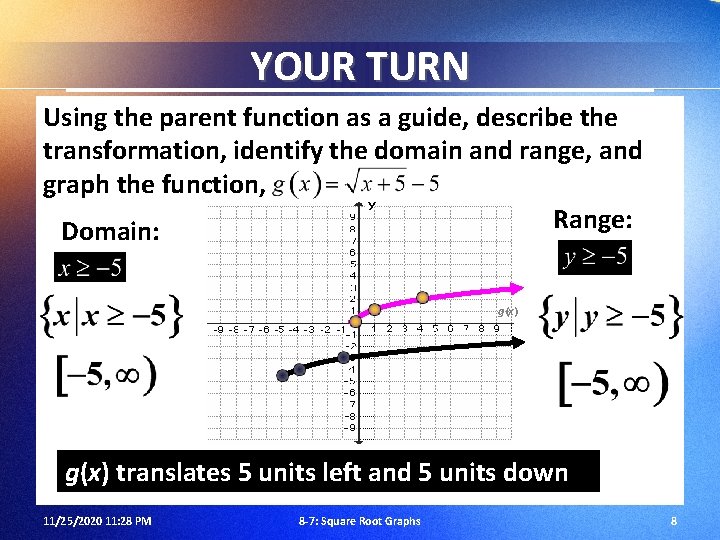 YOUR TURN Using the parent function as a guide, describe the transformation, identify the