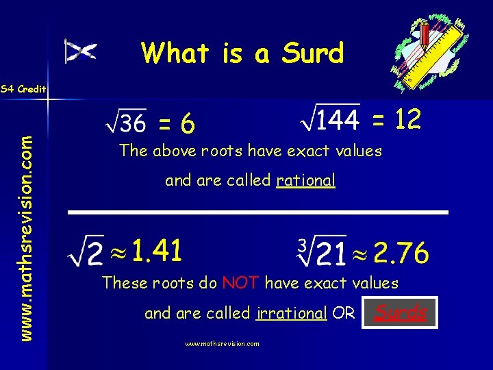 What is a Surd www. mathsrevision. com S 4 Credit =6 = 12 The