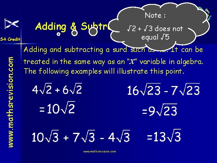 Note : Adding & Subtracting √ 2 +Surds √ 3 does not equal √