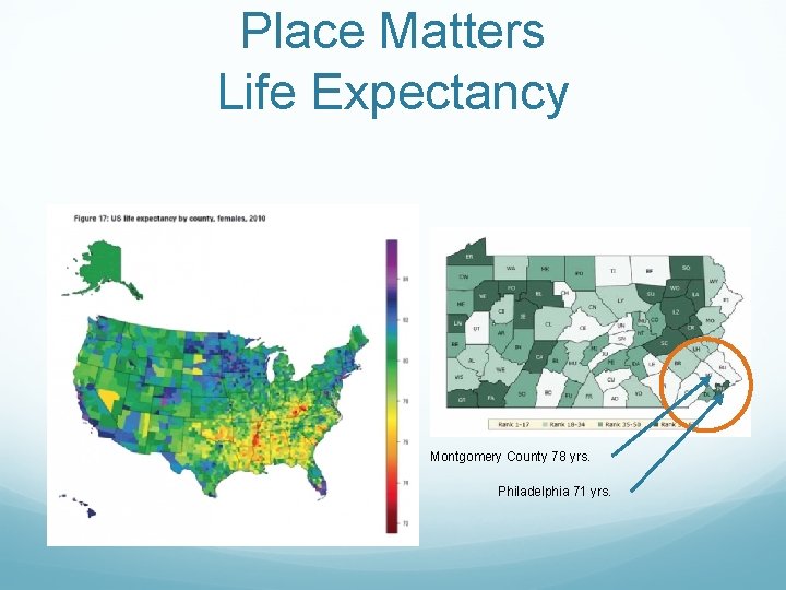 Place Matters Life Expectancy Montgomery County 78 yrs. Philadelphia 71 yrs. Place Matters Life Expectancy Montgomery County 78 yrs. Philadelphia 71 yrs.