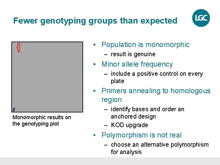 Fewer genotyping groups than expected • Population is monomorphic – result is genuine •