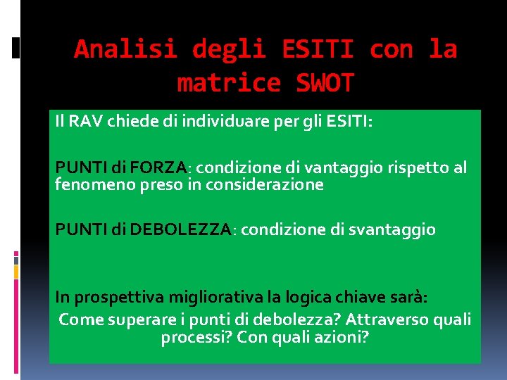 Analisi degli ESITI con la matrice SWOT Il RAV chiede di individuare per gli