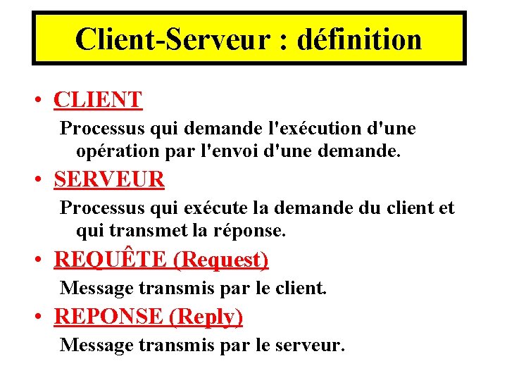 Client-Serveur : définition • CLIENT Processus qui demande l'exécution d'une opération par l'envoi d'une Client-Serveur : définition • CLIENT Processus qui demande l'exécution d'une opération par l'envoi d'une