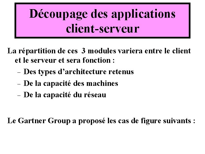 Découpage des applications client-serveur La répartition de ces 3 modules variera entre le client Découpage des applications client-serveur La répartition de ces 3 modules variera entre le client