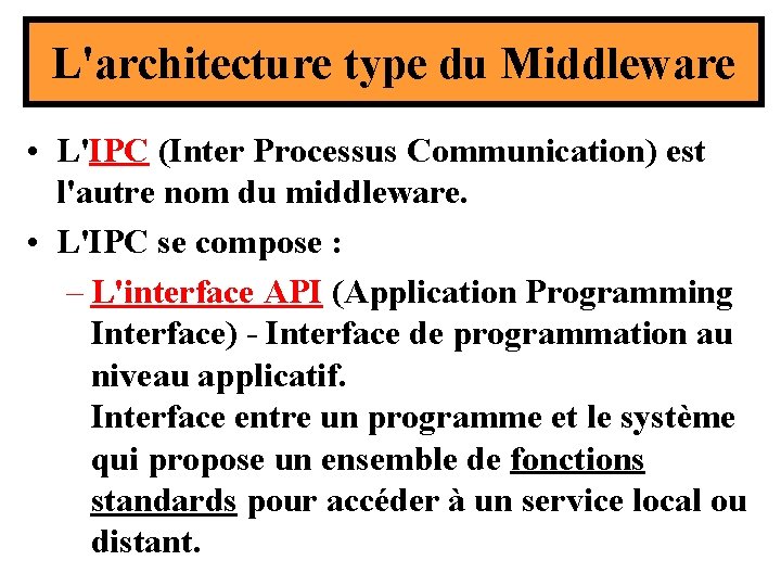 L'architecture type du Middleware • L'IPC (Inter Processus Communication) est l'autre nom du middleware. L'architecture type du Middleware • L'IPC (Inter Processus Communication) est l'autre nom du middleware.