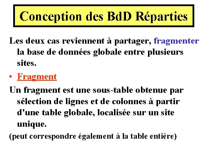 Conception des Bd. D Réparties Les deux cas reviennent à partager, fragmenter la base Conception des Bd. D Réparties Les deux cas reviennent à partager, fragmenter la base