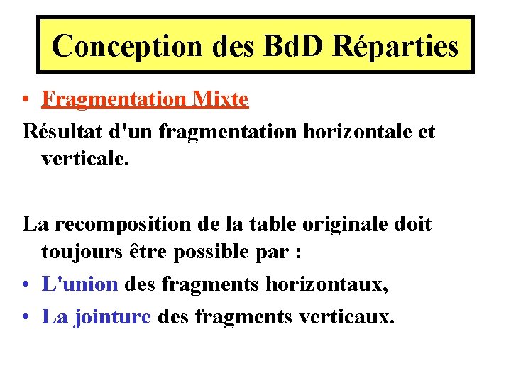 Conception des Bd. D Réparties • Fragmentation Mixte Résultat d'un fragmentation horizontale et verticale. Conception des Bd. D Réparties • Fragmentation Mixte Résultat d'un fragmentation horizontale et verticale.