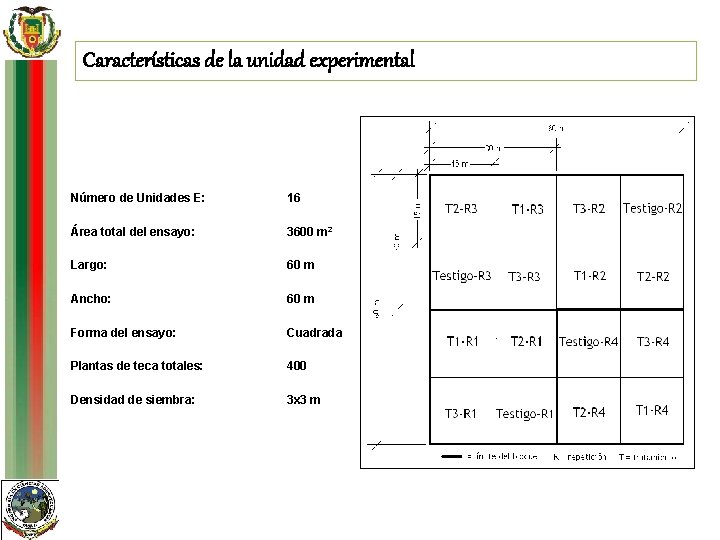 Características de la unidad experimental Número de Unidades E: 16 Área total del ensayo: