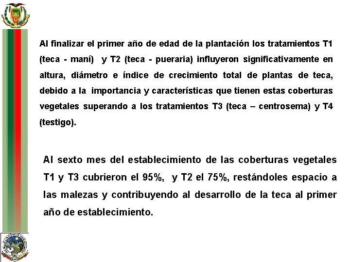 Al finalizar el primer año de edad de la plantación los tratamientos T 1