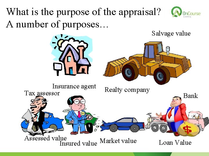 What is the purpose of the appraisal? A number of purposes… Salvage value Insurance