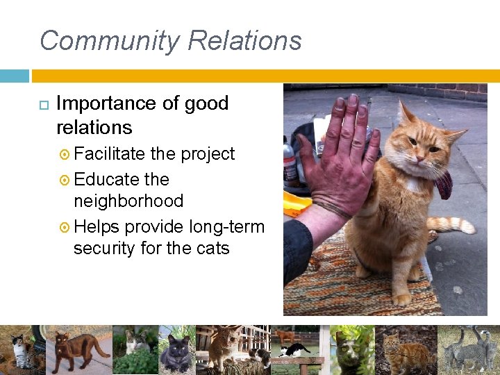 Community Relations Importance of good relations Facilitate the project Educate the neighborhood Helps provide Community Relations Importance of good relations Facilitate the project Educate the neighborhood Helps provide