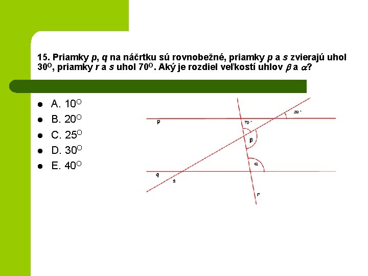 15. Priamky p, q na náčrtku sú rovnobežné, priamky p a s zvierajú uhol