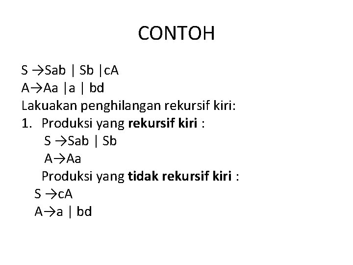 CONTOH S →Sab | Sb |c. A A→Aa |a | bd Lakuakan penghilangan rekursif