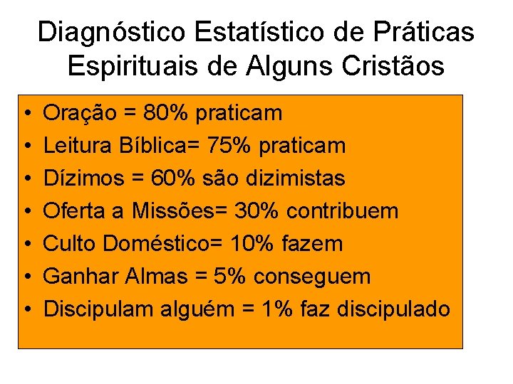 Diagnóstico Estatístico de Práticas Espirituais de Alguns Cristãos • • Oração = 80% praticam Diagnóstico Estatístico de Práticas Espirituais de Alguns Cristãos • • Oração = 80% praticam