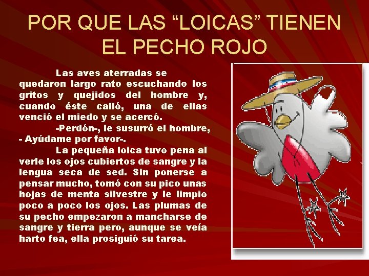POR QUE LAS “LOICAS” TIENEN EL PECHO ROJO Las aves aterradas se quedaron largo