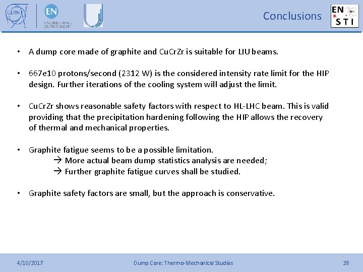 Conclusions • A dump core made of graphite and Cu. Cr. Zr is suitable