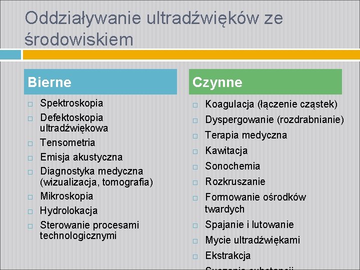 Oddziaływanie ultradźwięków ze środowiskiem Bierne Spektroskopia Defektoskopia ultradźwiękowa Tensometria Emisja akustyczna Diagnostyka medyczna (wizualizacja,