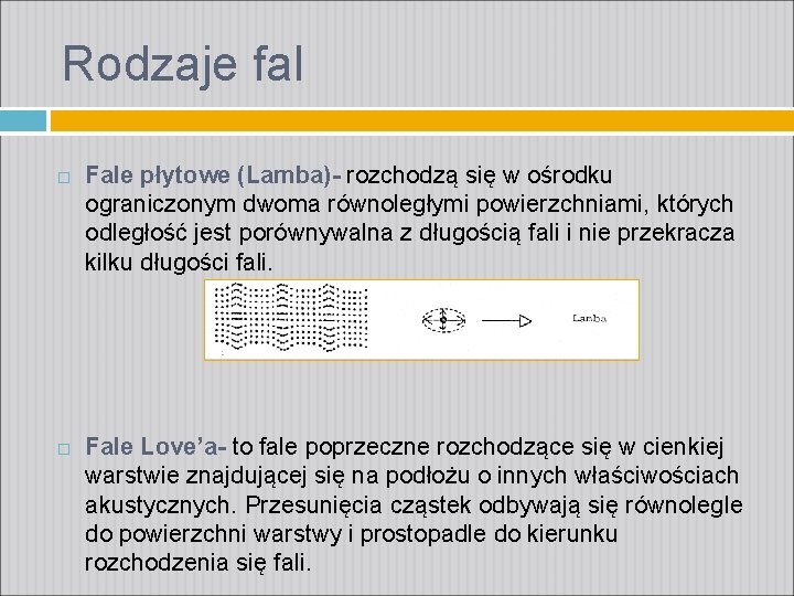 Rodzaje fal Fale płytowe (Lamba)- rozchodzą się w ośrodku ograniczonym dwoma równoległymi powierzchniami, których