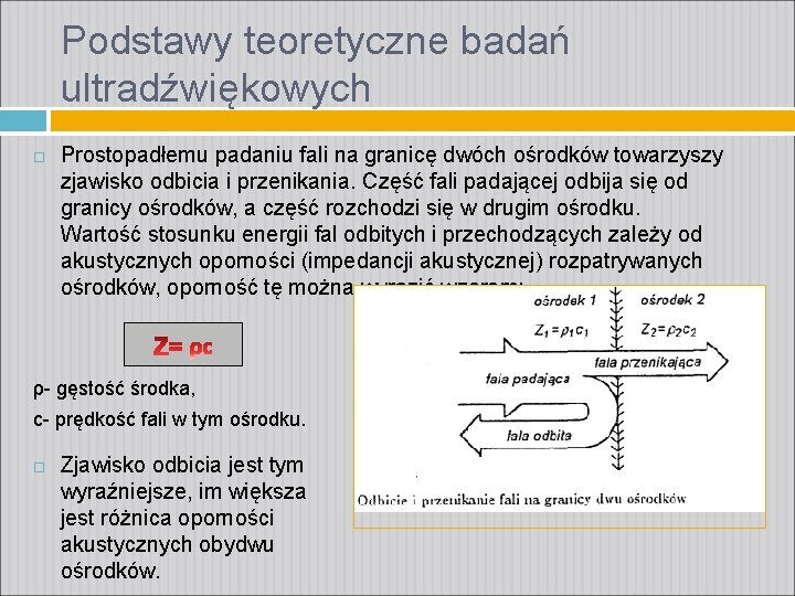 Podstawy teoretyczne badań ultradźwiękowych Prostopadłemu padaniu fali na granicę dwóch ośrodków towarzyszy zjawisko odbicia Podstawy teoretyczne badań ultradźwiękowych Prostopadłemu padaniu fali na granicę dwóch ośrodków towarzyszy zjawisko odbicia